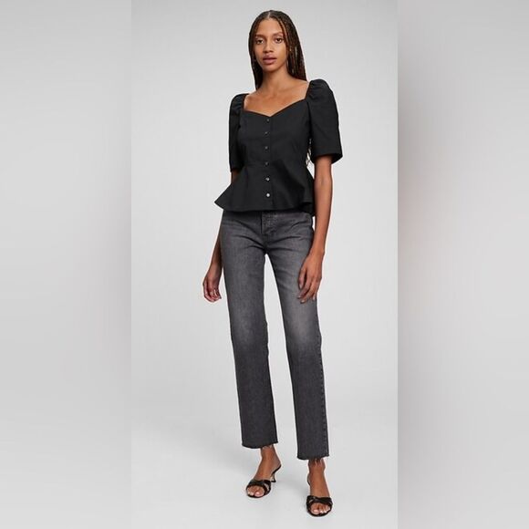 GAP Black Sweetheart Button-Front Peplum Cotton Top Size Large - Picture 1 of 8